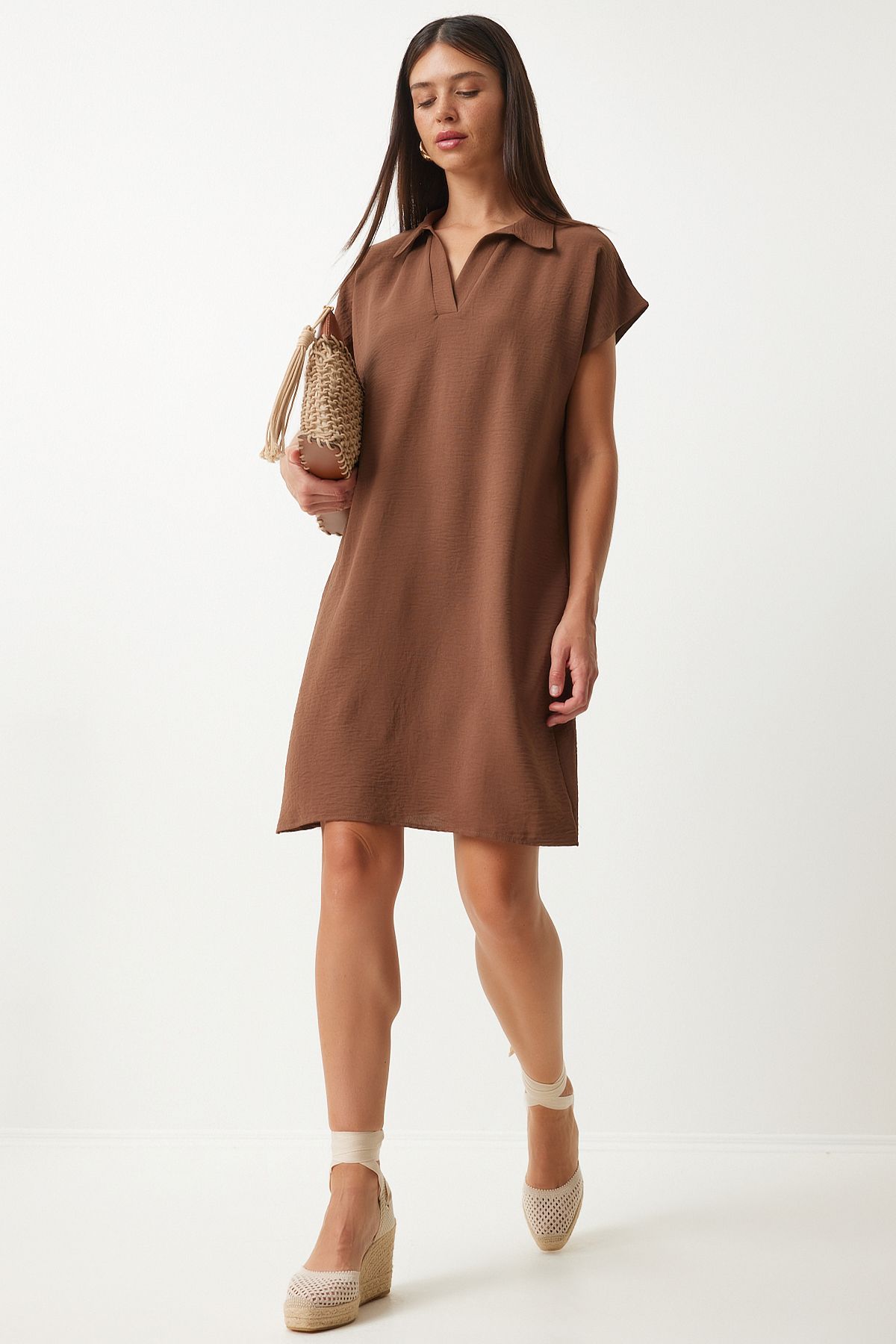 Female Brown Polo Yaka Summer Abundant Linen Ayrrin Dress to00138