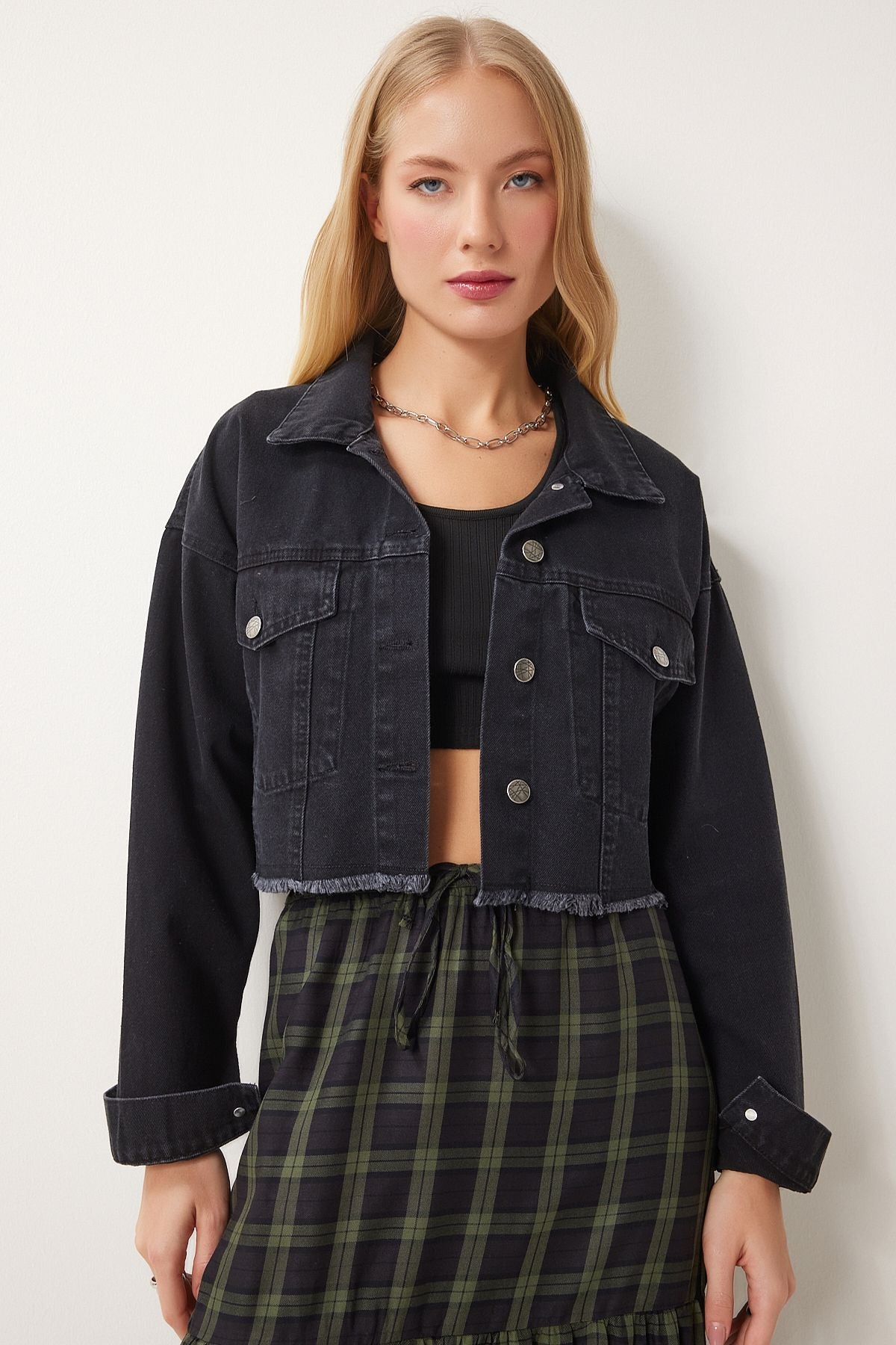 Female black tassel detailed denim crop jacket AN00214