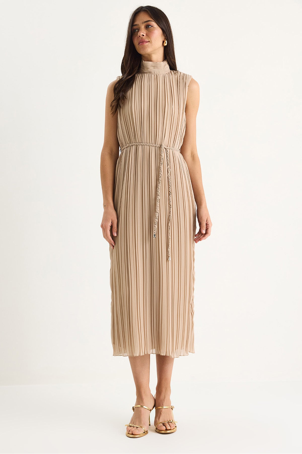 Women's Thick Strap Knitted Belted Lined Midi Pleated Dress FE-118 60283435