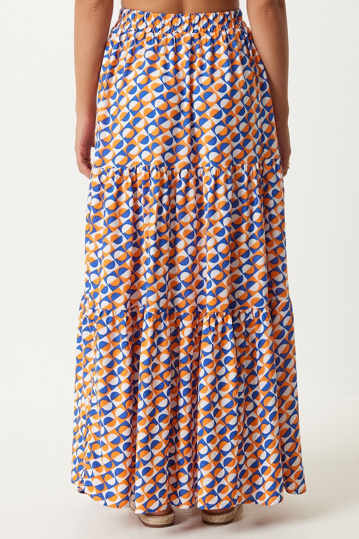 Female Oranj Blue Patterned Fleet Summer Maxi Viscose Skirt FN03197