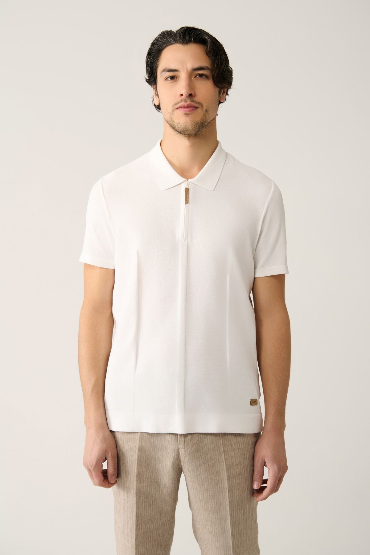 Men's White Zipper Rayon Polo Yaka Triko T-Shirt A41y5106