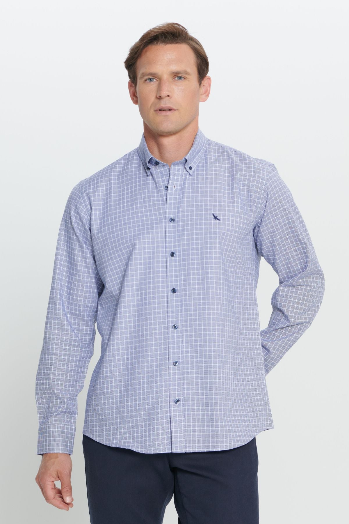 Men's navy blue-white regular fit comfortable cut buttoned collar checkered shirt