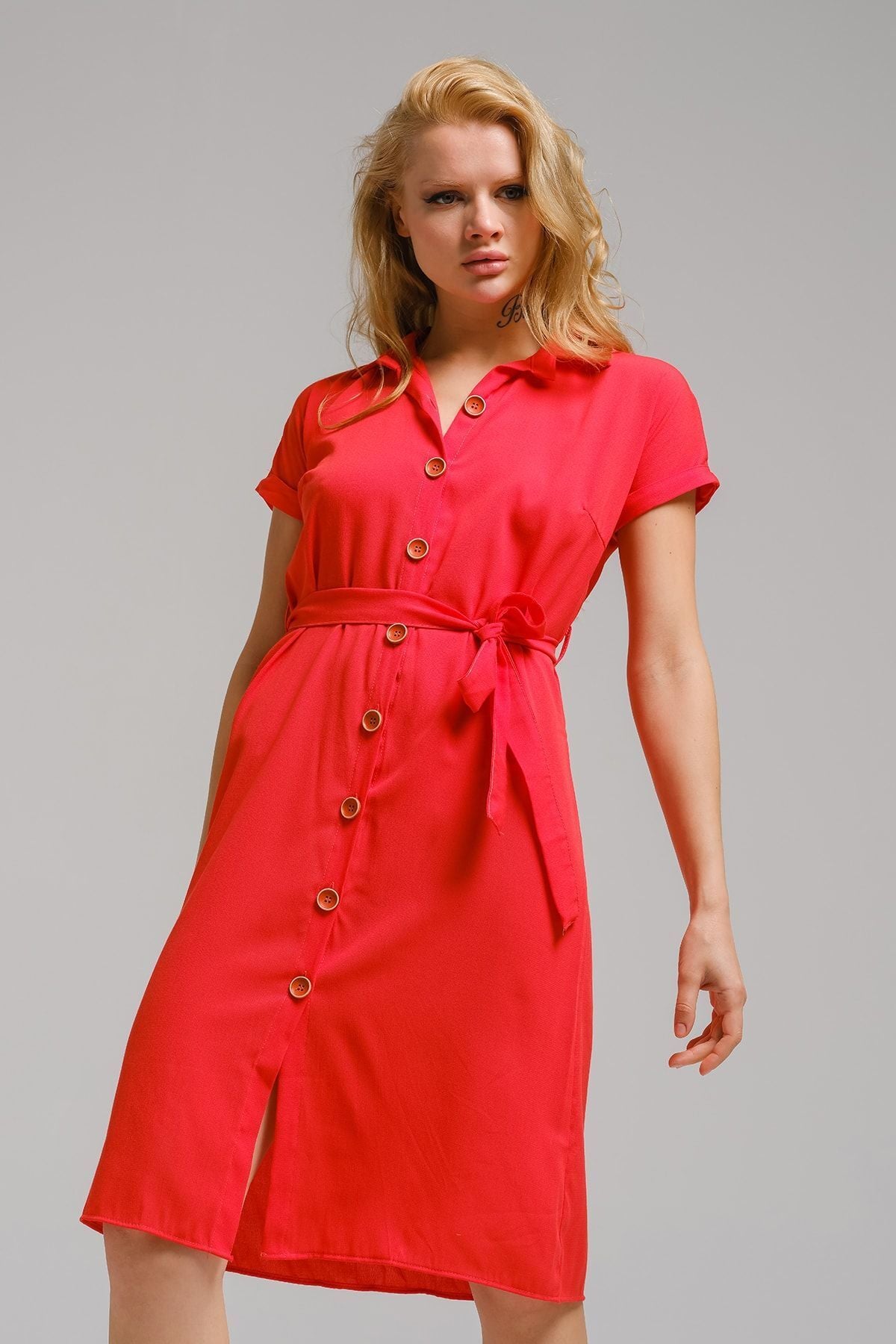 Woman Oranj Waist Belt Short Sleeve Shirt Dress ARM-19Y001068