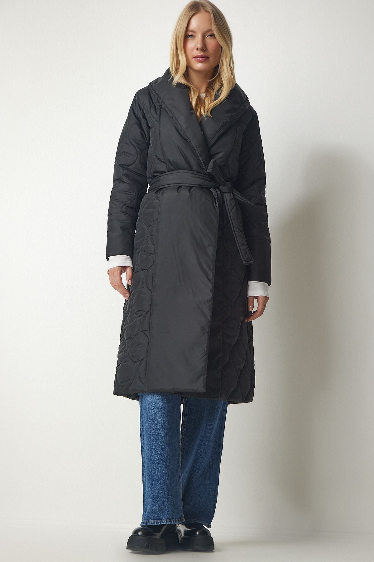 WOMEN'S Black Belt Shawl Kapitone Coat DZ00089