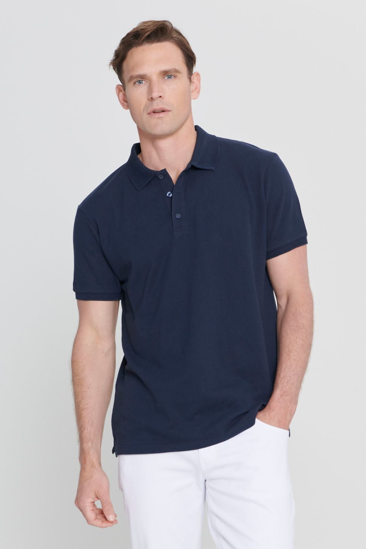 Male Navy Blue 100 %Cotton Curiated Pike Polo Yaka Slim Fit Narrow Cut T -shirt