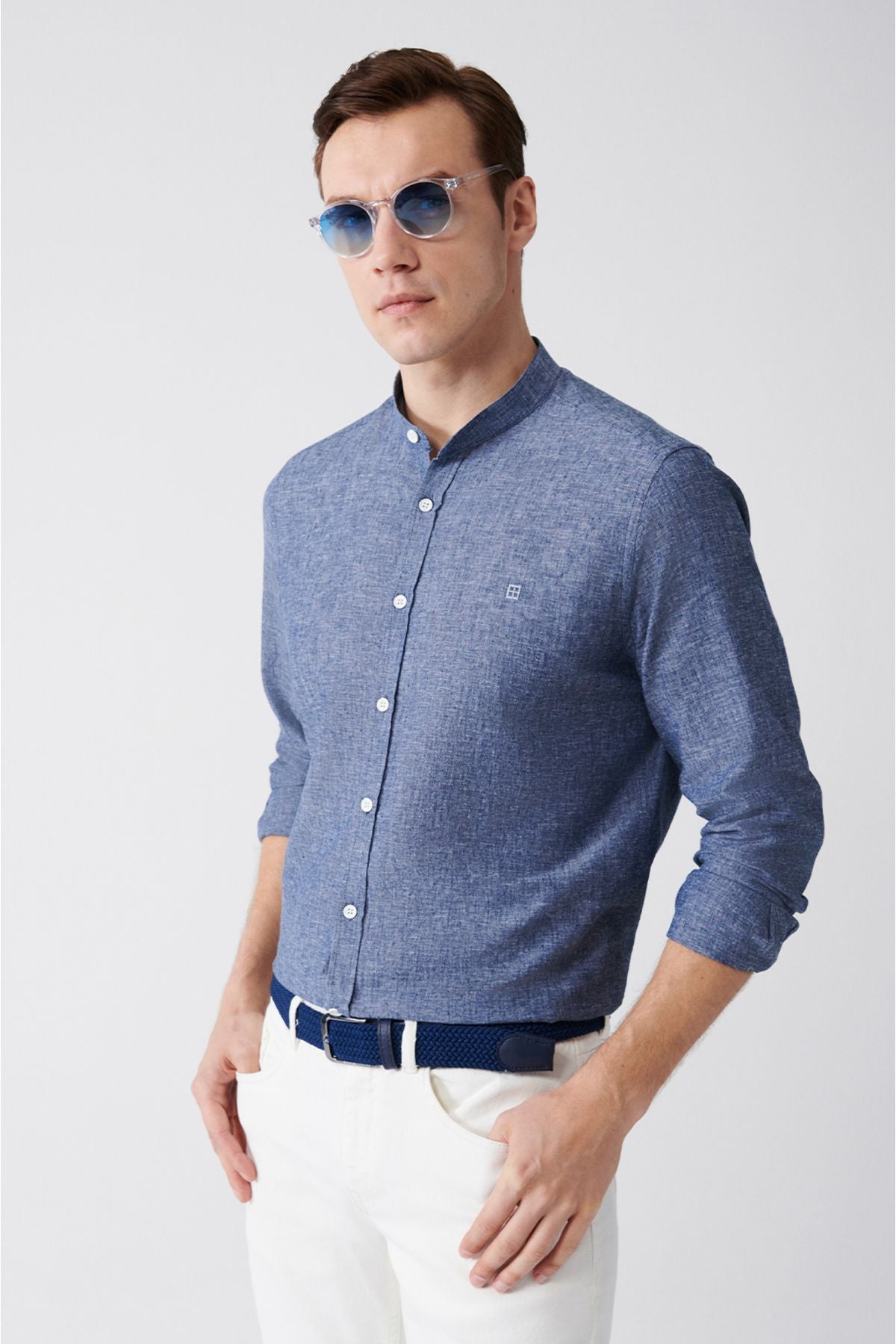 Men's Indigo Judge Yaka Linen Mixed Shirt B002027