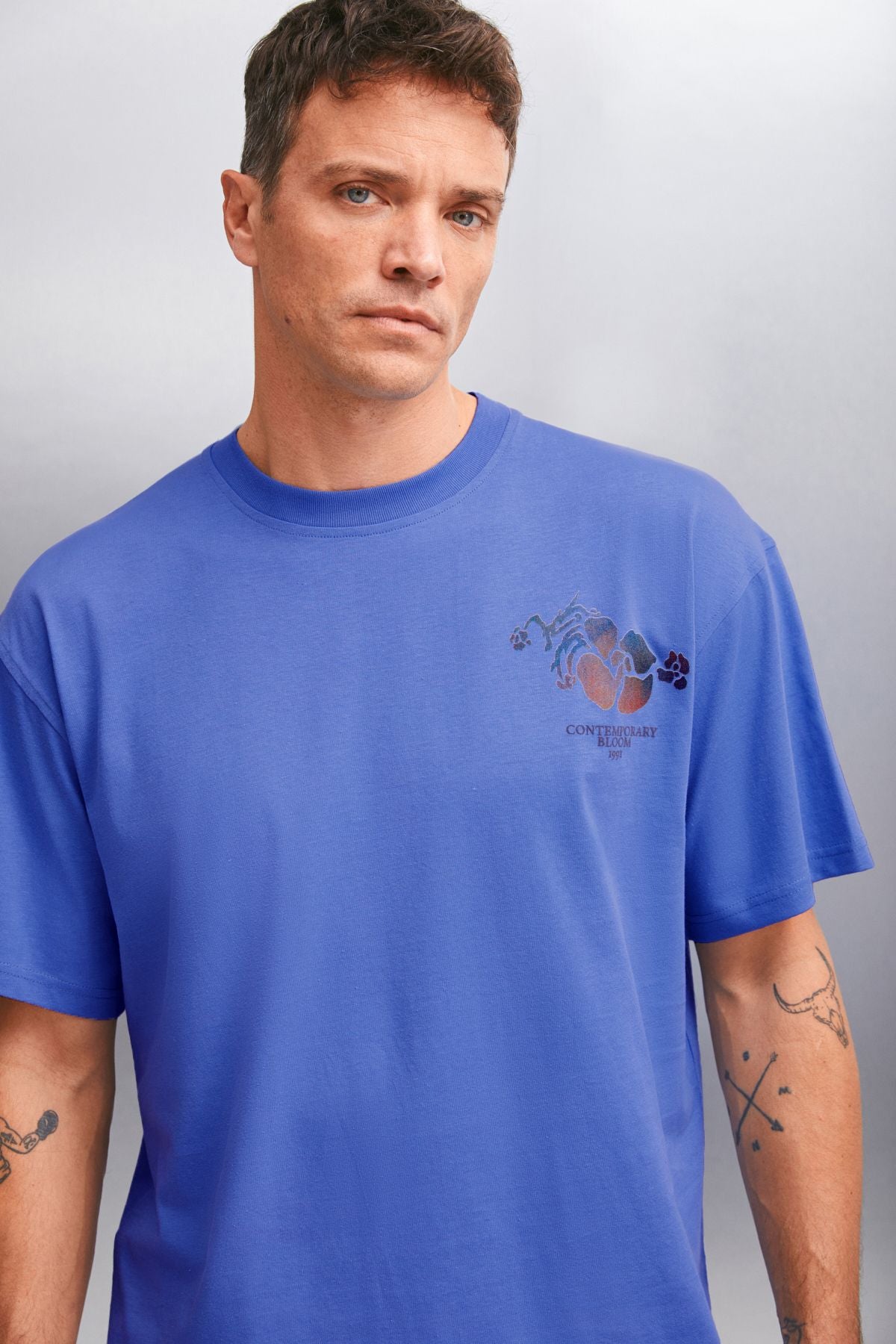 Phıllıp Men's Oversizle Fit 100 %Cotton Thick textured printed blue t-shirt