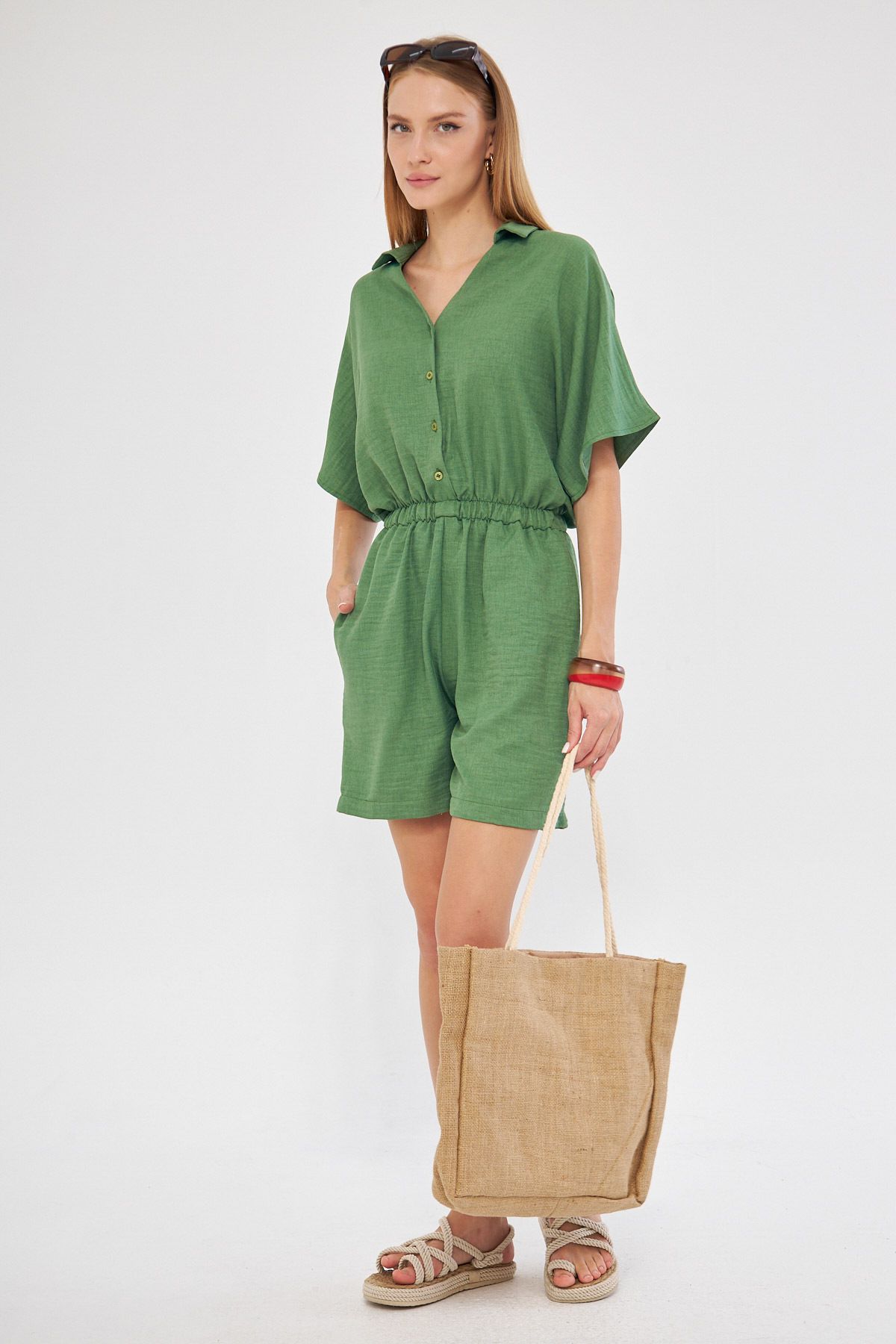 Female Green Shirt Cep Short Jumpsuit Arm-24Y001113