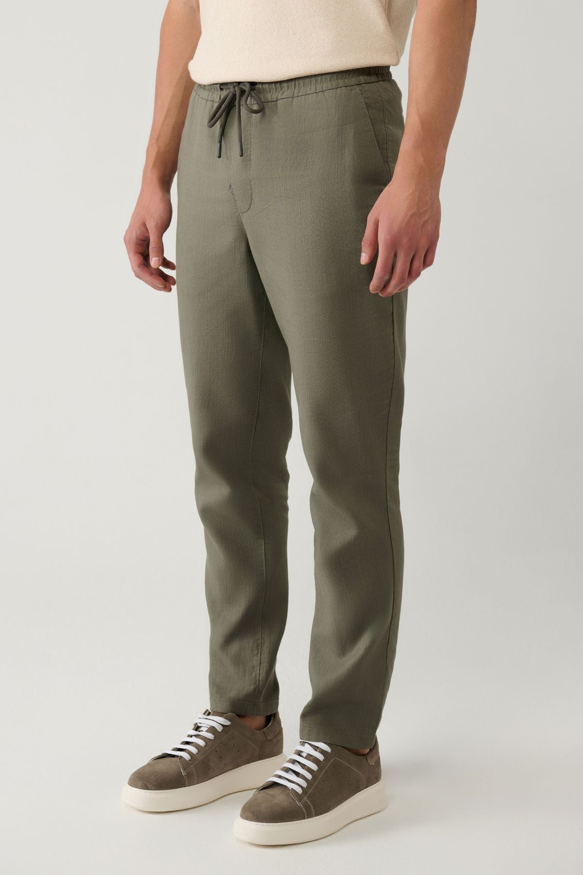 Men's Open Khaki Side Pocket Waist Linen Textured Trousers E003052