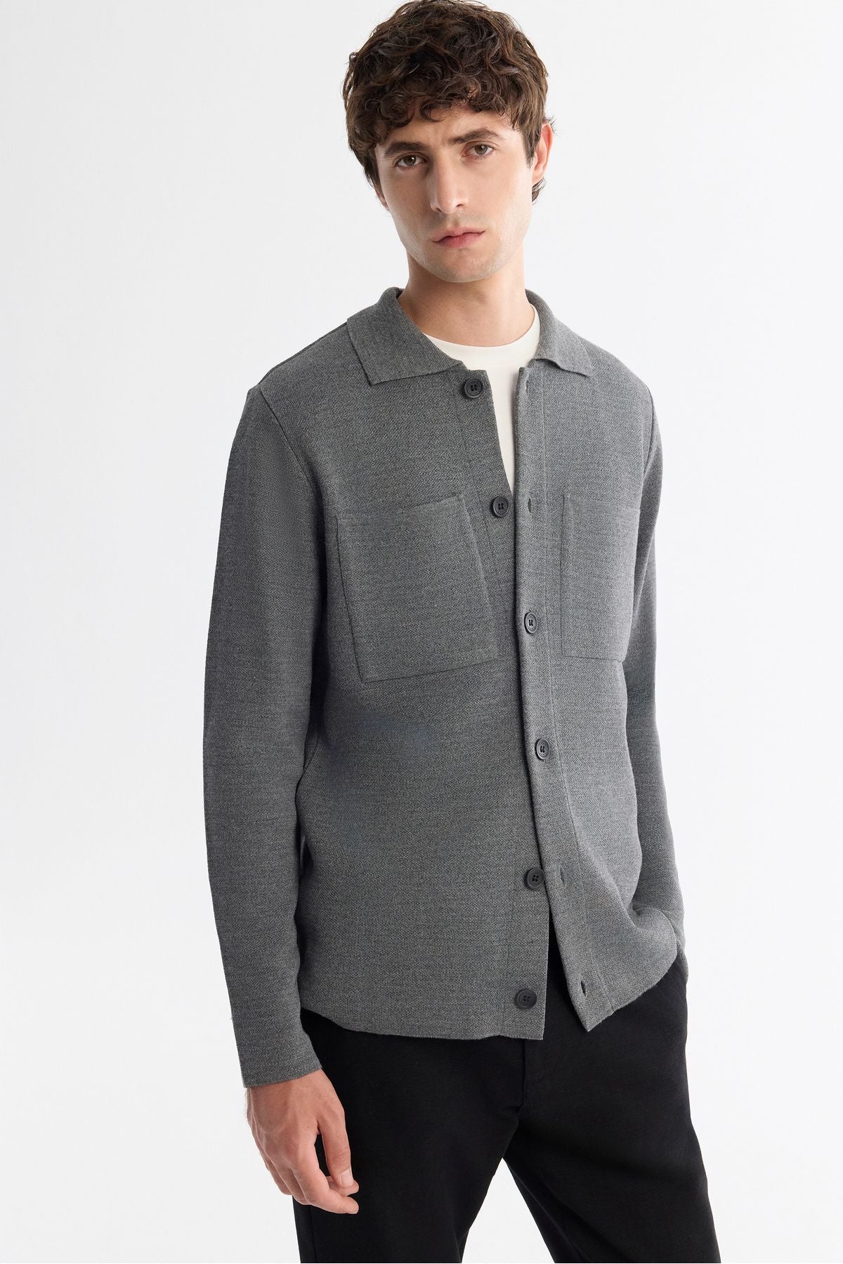 Men's gray polo collar button woolen cardigan A42Y5048