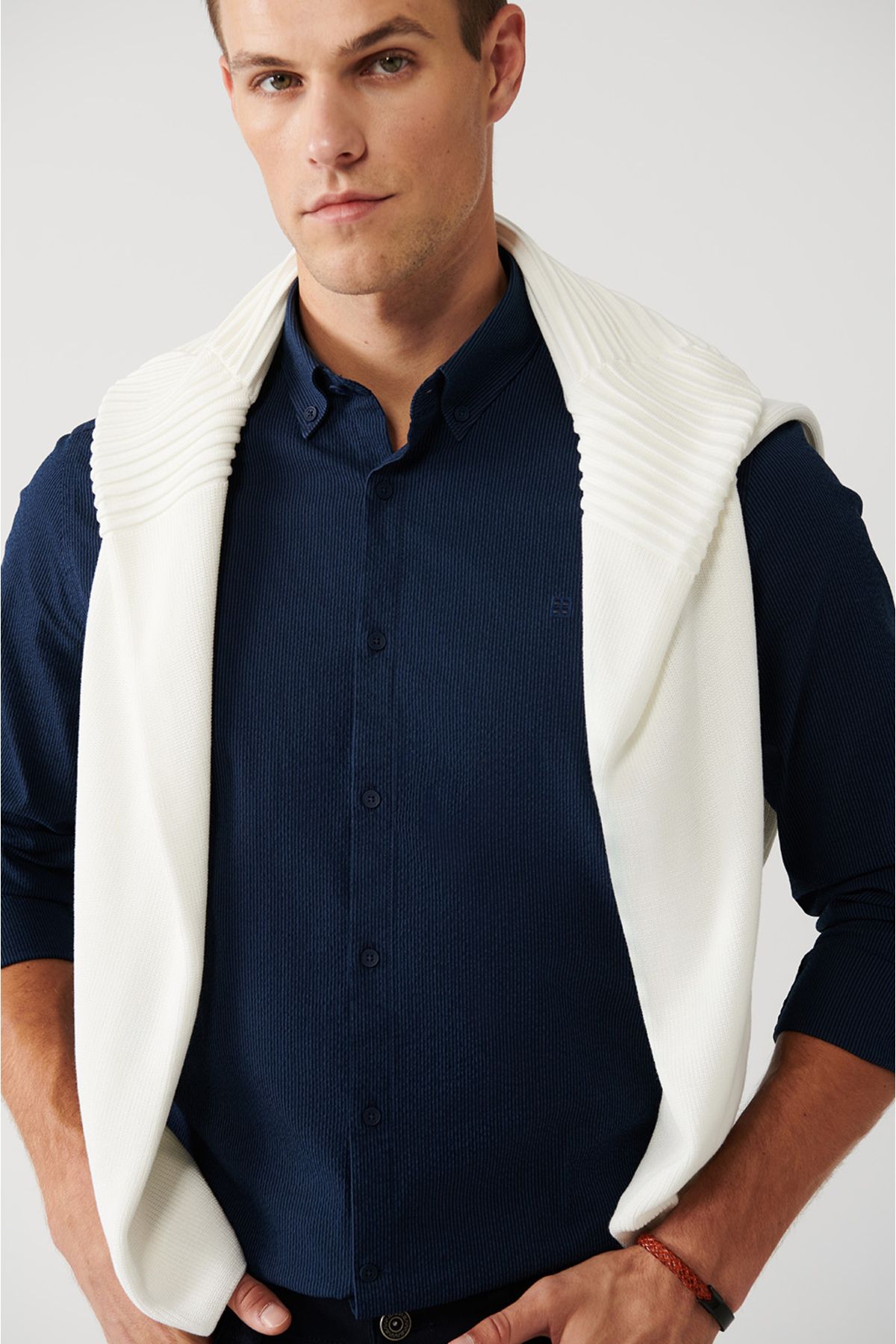 Men's navy blue striped cotton easy ironable shirt A32Y2098