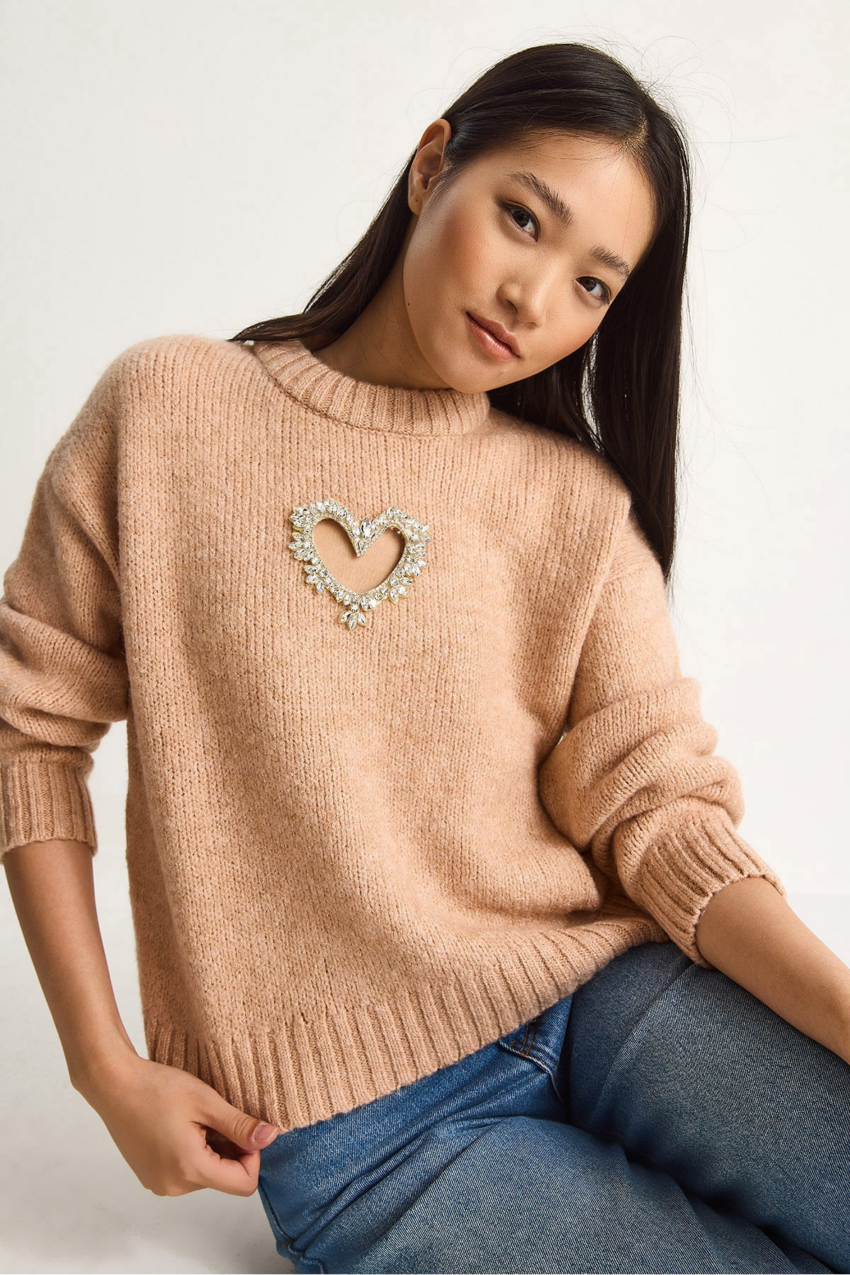 Women's Heart Detailed Stone Embroidered Knitwear Sweater 60261249