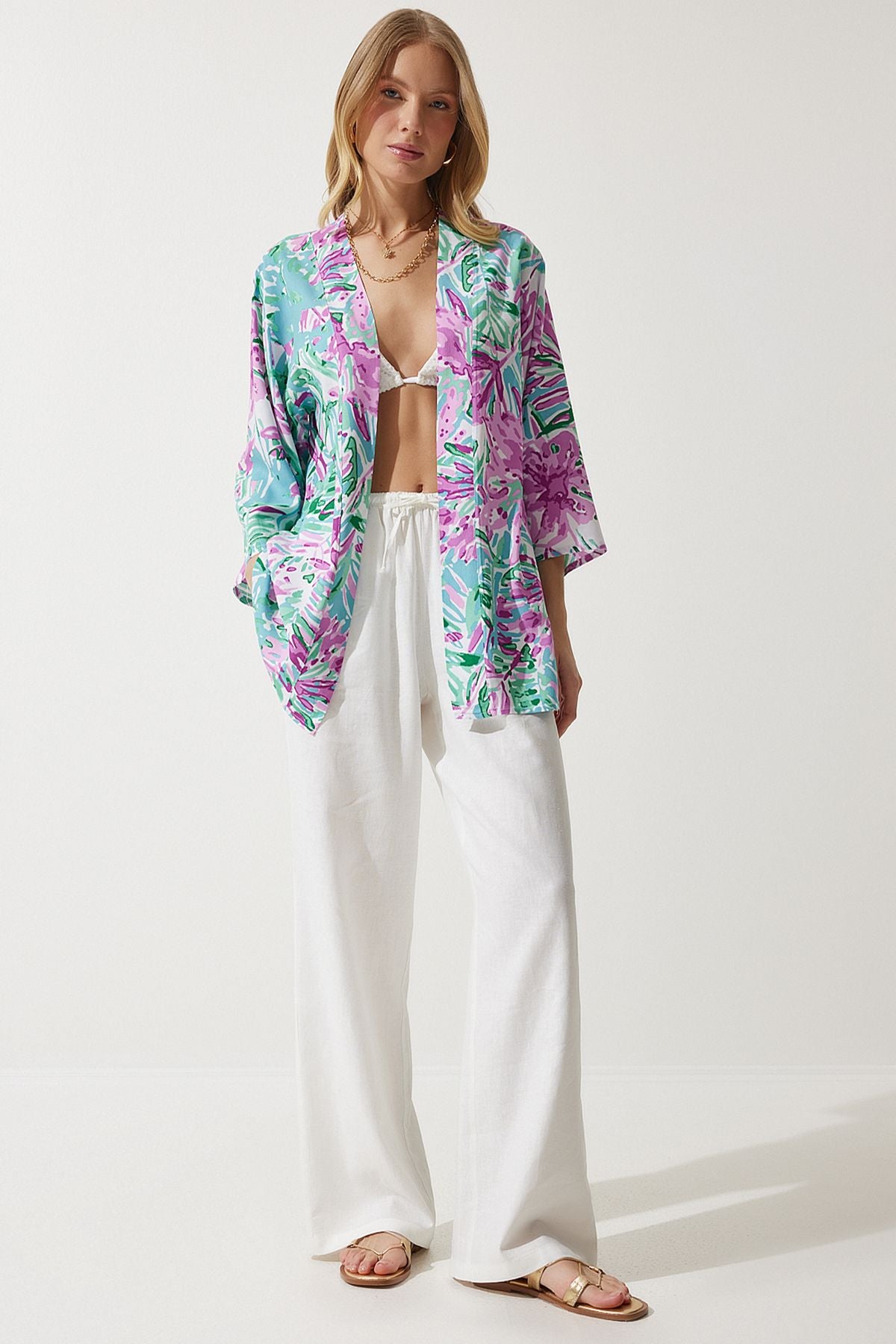 Female Cagla Green Pink Patterned Viscose Kimono EN00615
