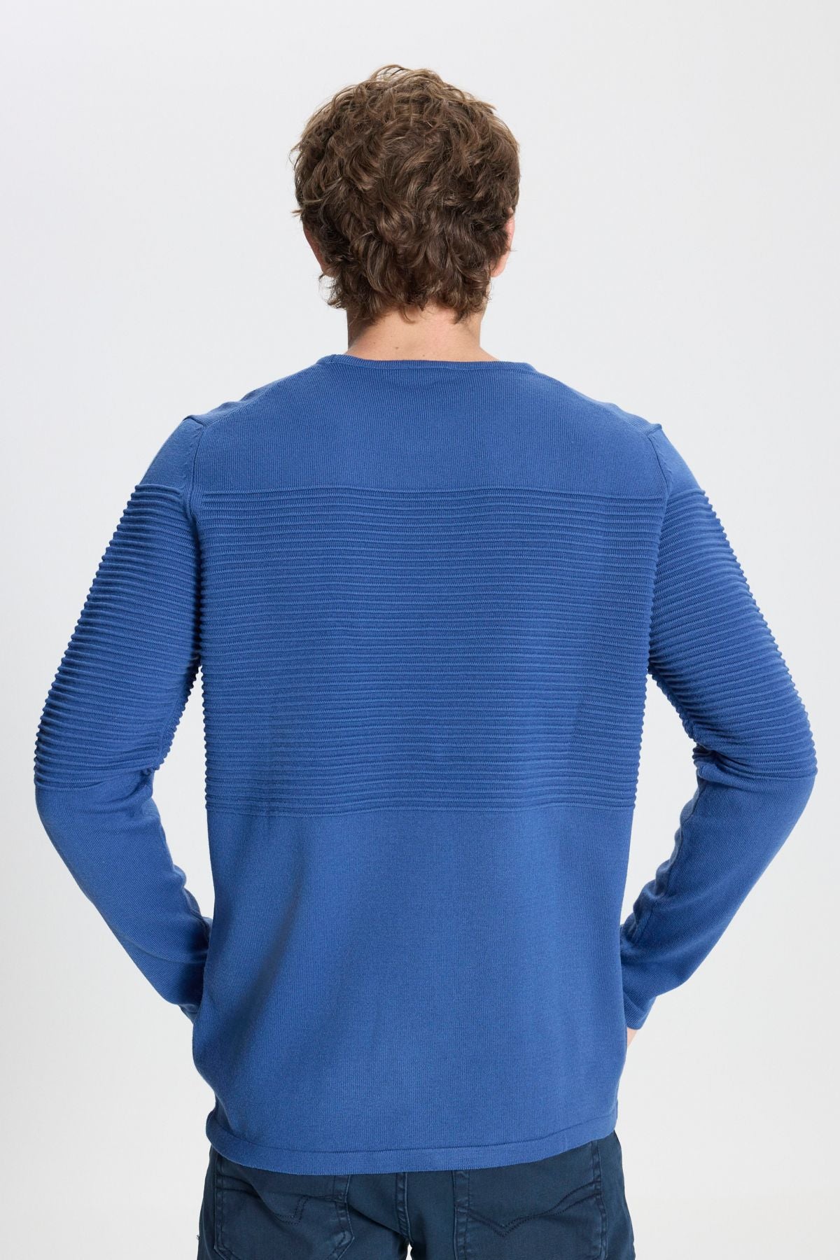 Men's Indigo Anti-Pilling featured Standard Fit Bicycle Collar textured knitwear sweater