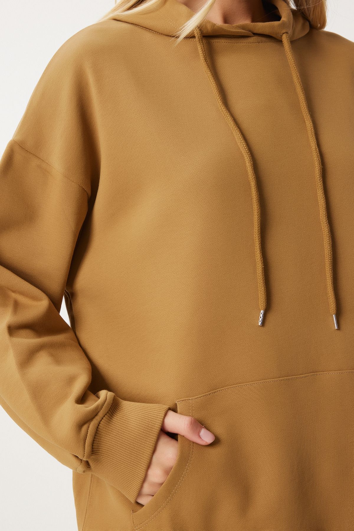 Woman Dark Mustard Hooded Sweatshirt Jogger Oversize Knitting Satatches Pys0027