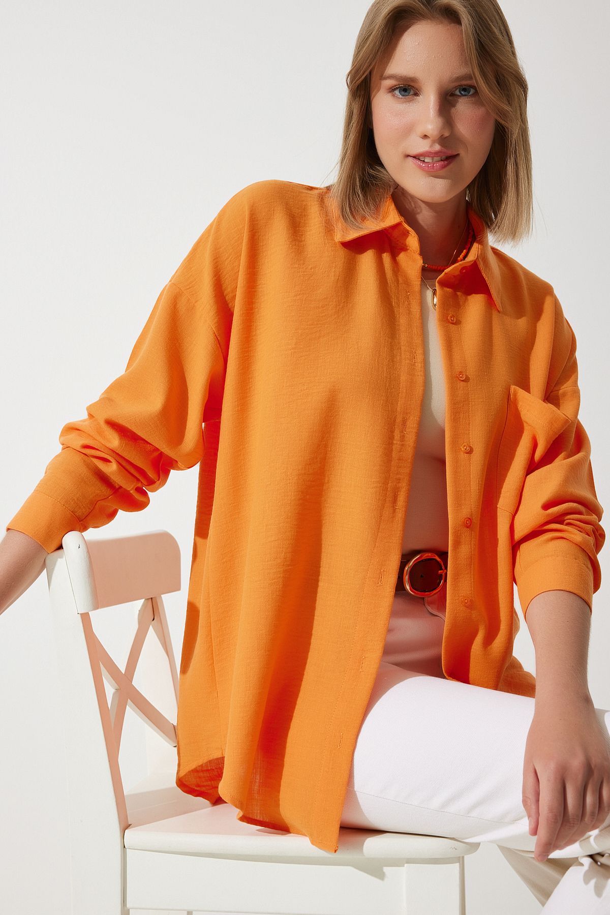 Woman Oranj Oversizle Linen Ayrobin Shirt DD01222