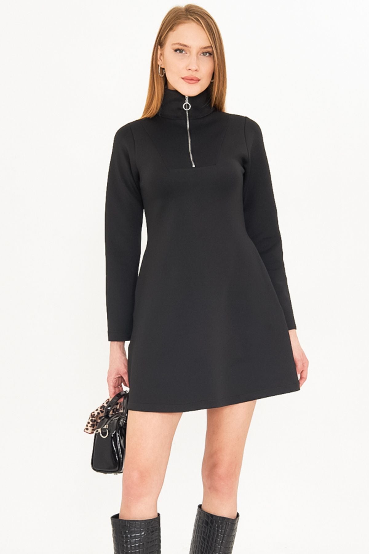 Female black upright collar zipper pocket detailed diver fabric mini dress ARM-25K001072