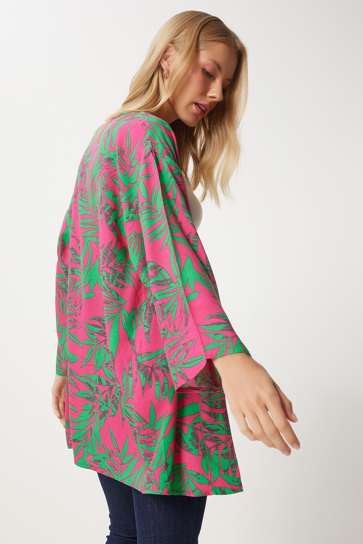 Female Pink Green Patterned Viscose Kimono EN00615