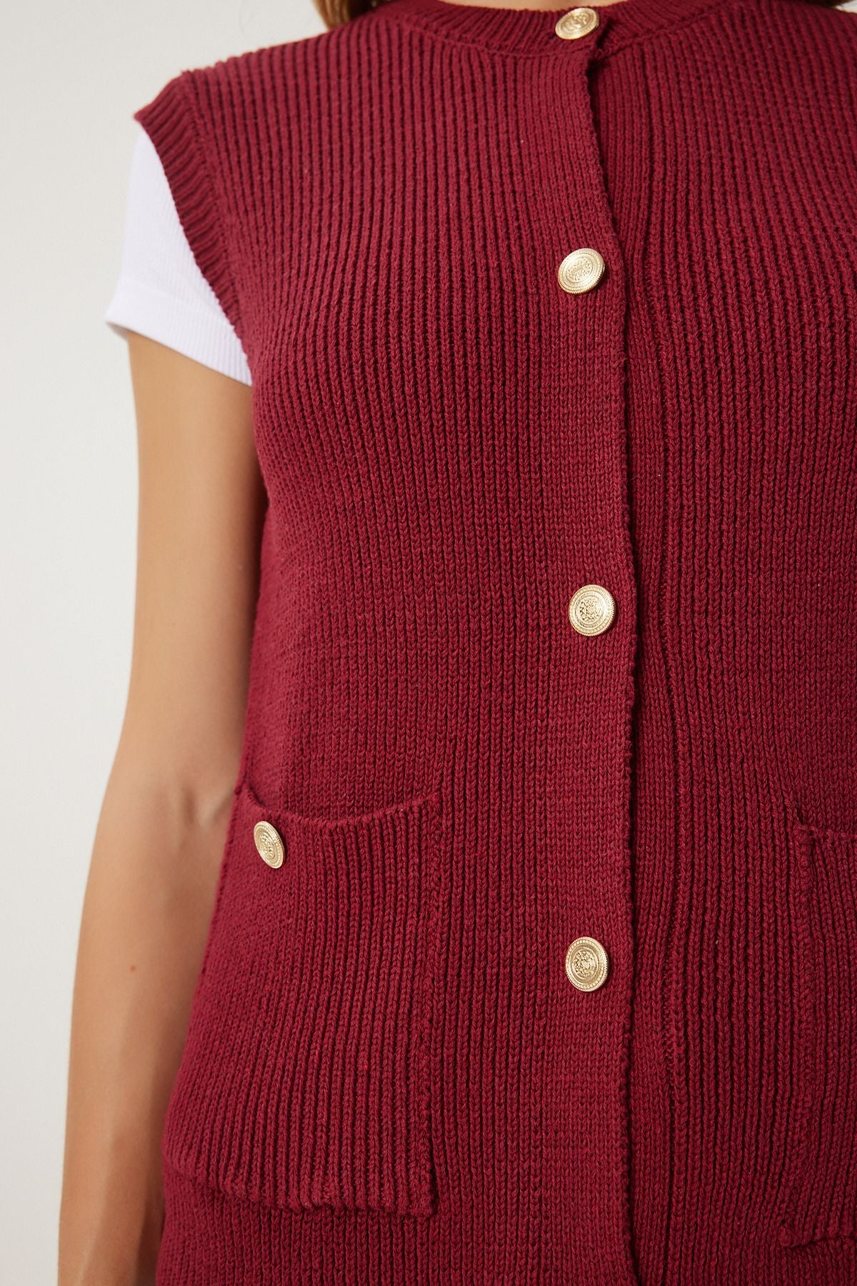 Women's Bordeaux Stylish Button Pocket Triko Vest US00948