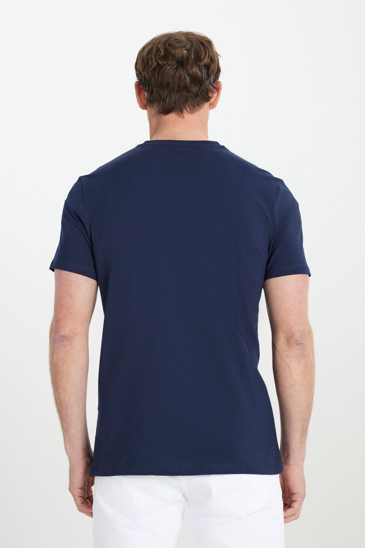 Men's 100 %cotton V -neck navy blue slim fit narrow cut T -shirt