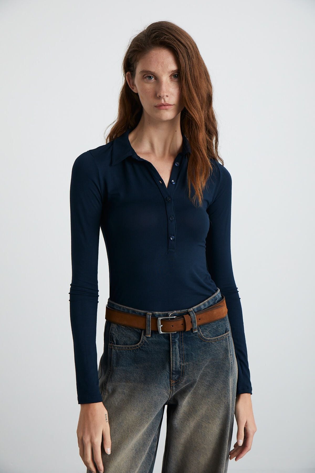 Saying female viscose mixed Polo collar slim fit navy blue blouse