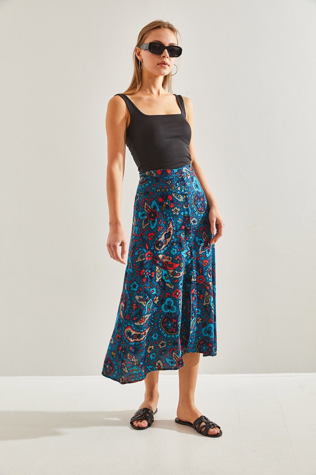 Female Multi Patterned buttoned viscose skirt 60131017