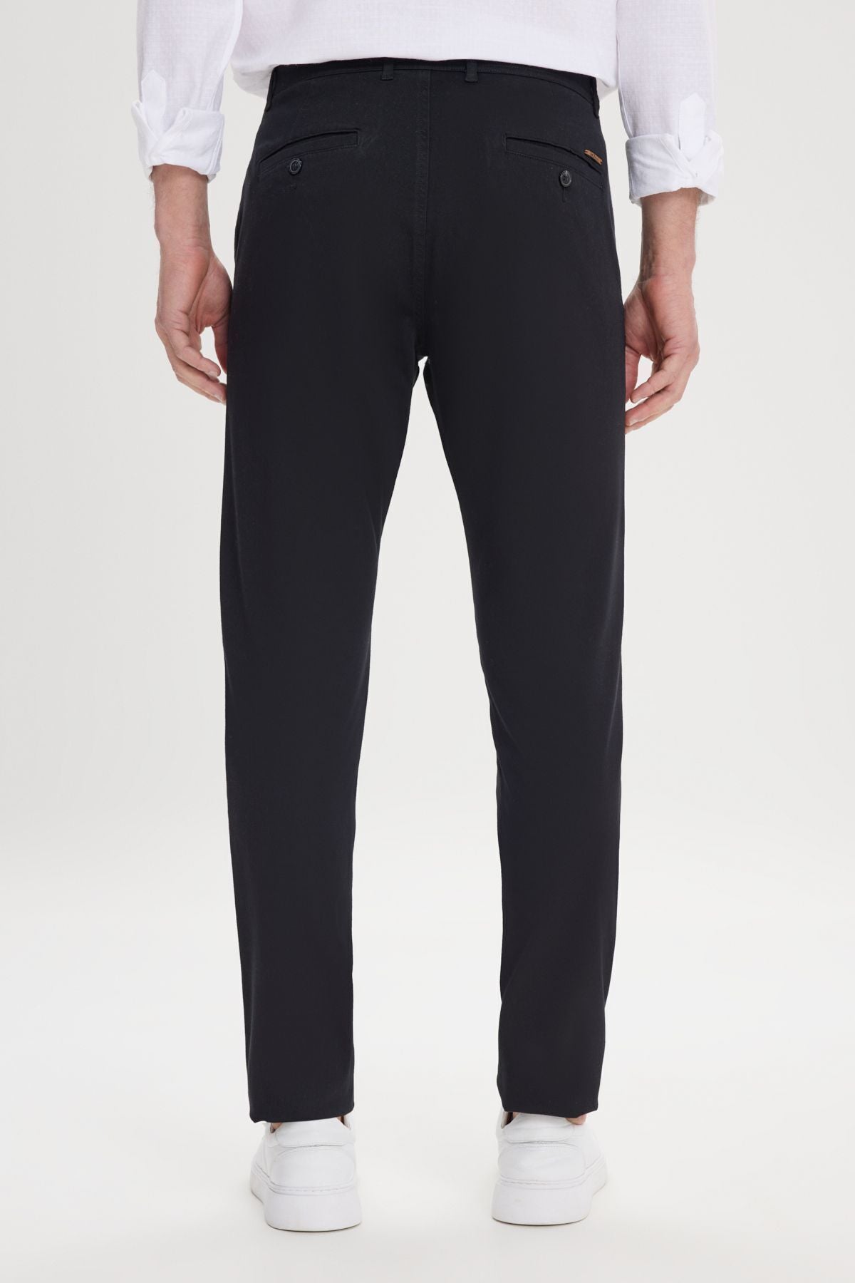 Men's black canvas slim fit narrow cut side mobile chino pants