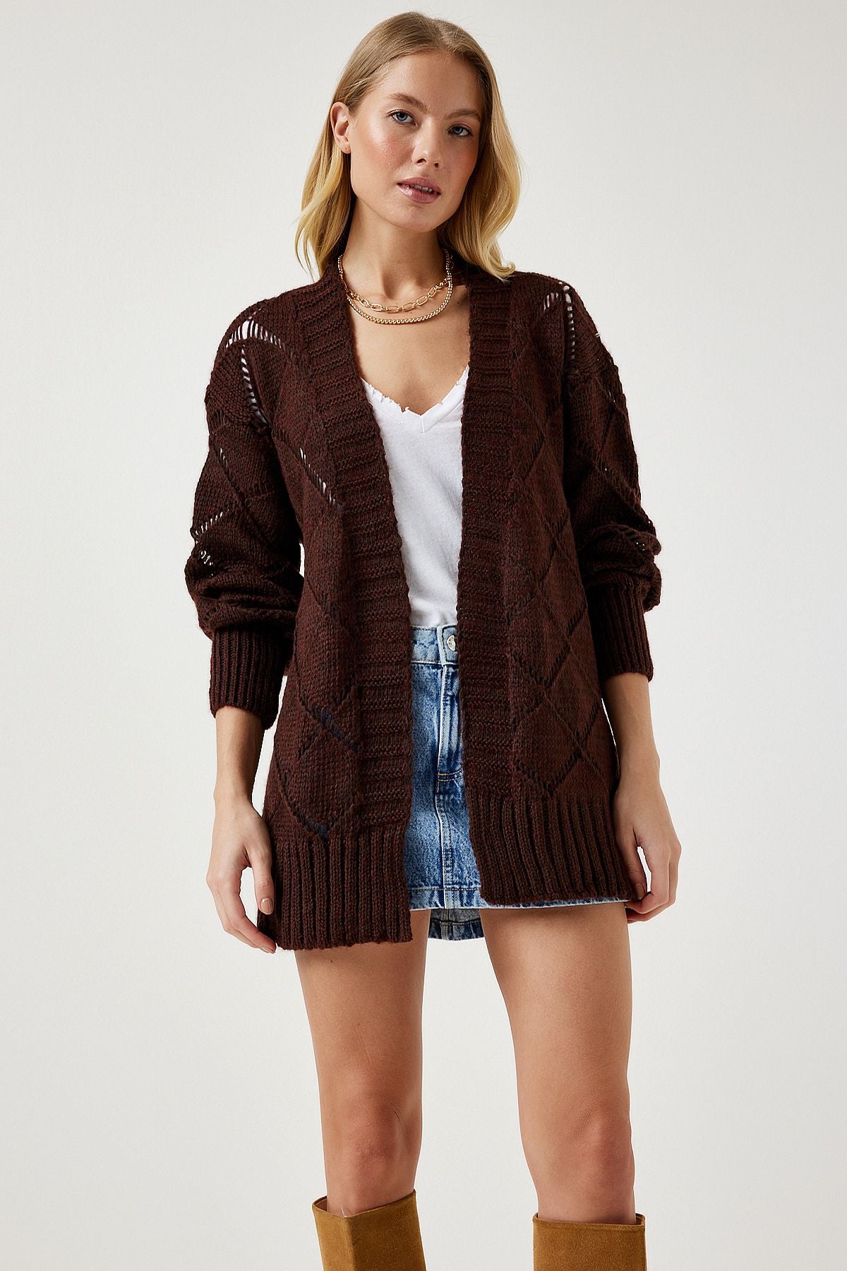 Women's Brown Baklava Patterned Offer Triko Cardigan MC00212