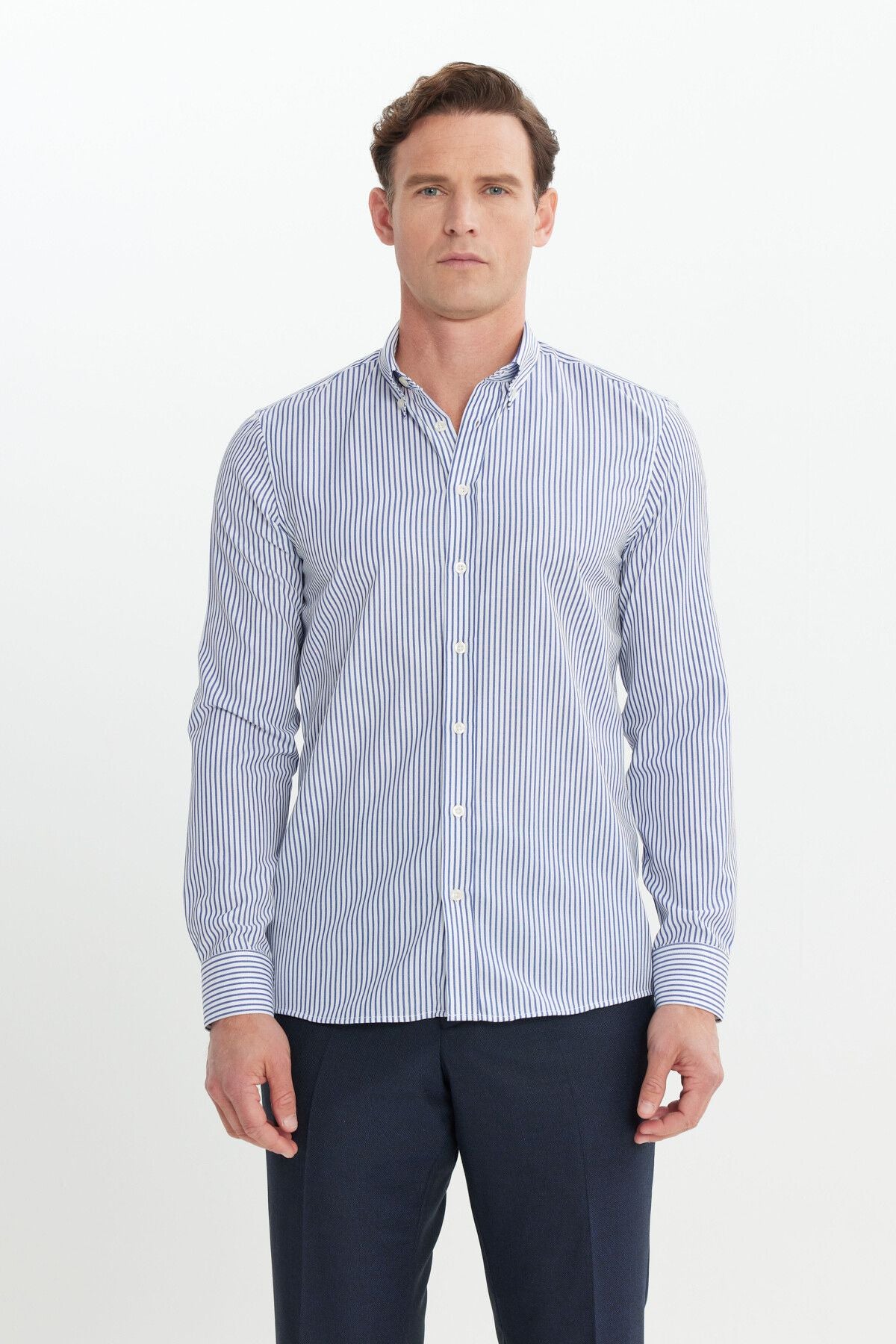Men's white-blue cotton slim fit narrow cut button shirt shirt with shirt striped shirt