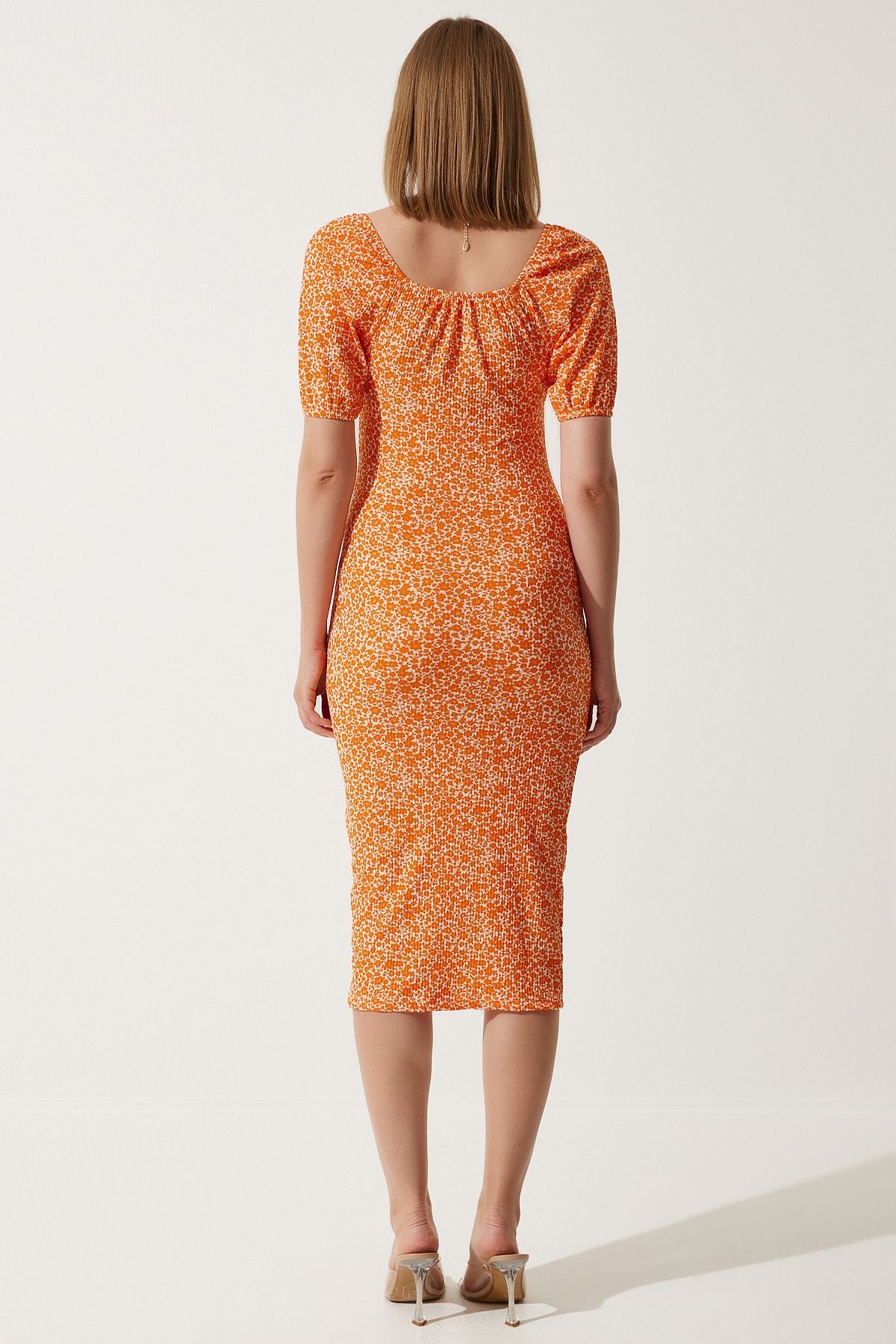 Female Orange Patterned Shirred Knitting Dress CI00102