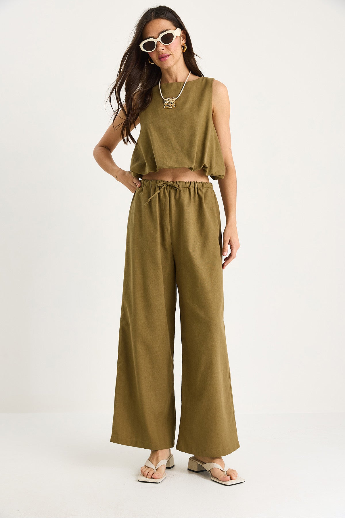 Women's Balloon Detailed Blouse with Palazzo Trousers Linen Bottom-Top Set 9367 60281072