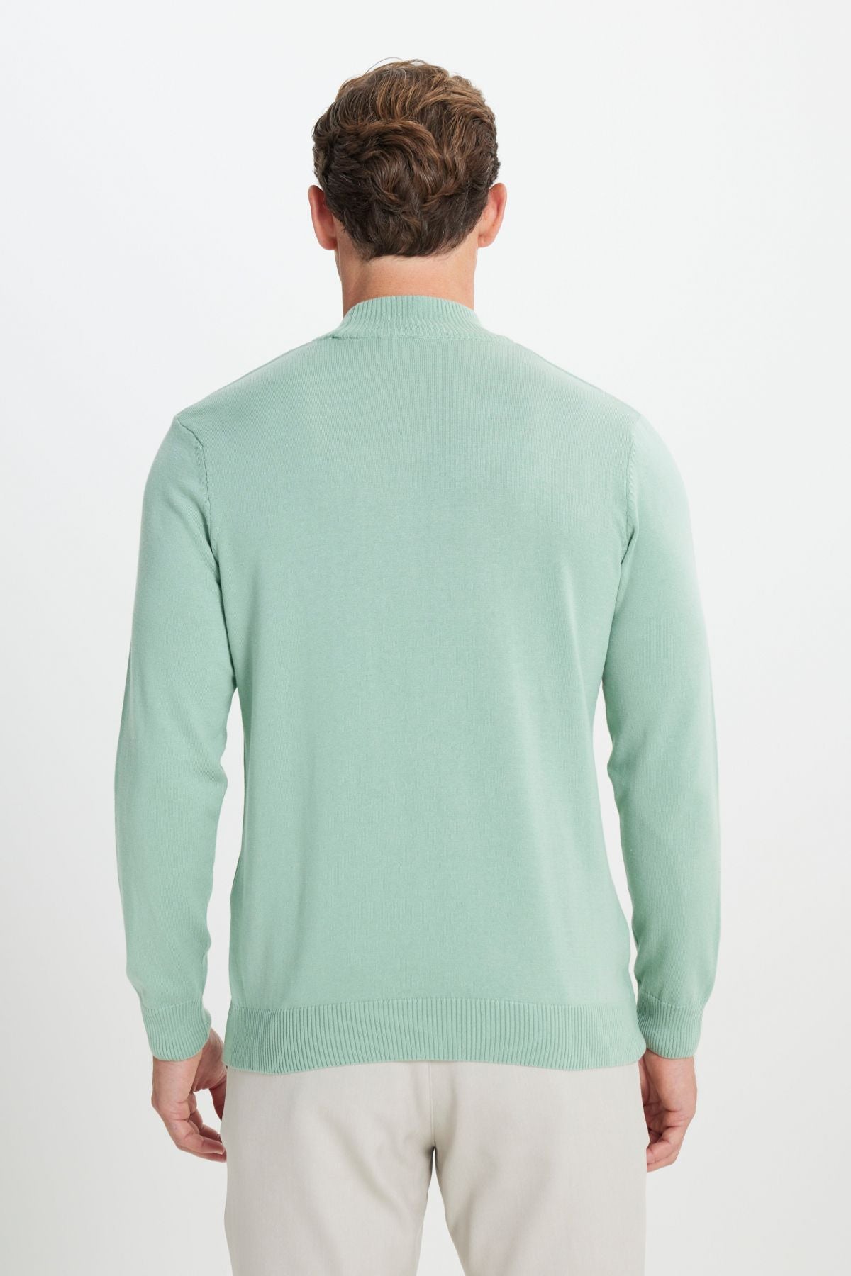 Men's Water Green Standard Fit Normal Cut Half Fisherman Collar Cotton Knitwear Sweater