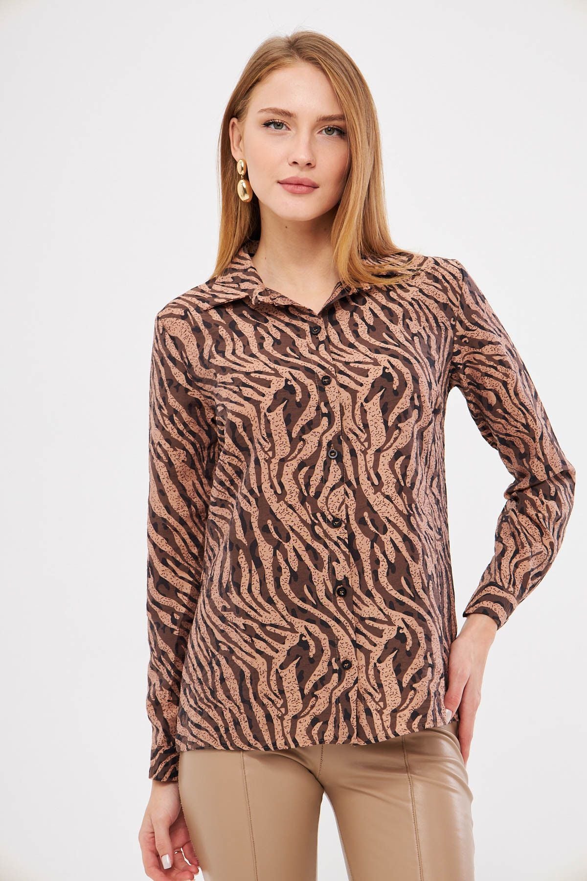 Female mink-bej patterned long sleeve shirt ARM-25K001040