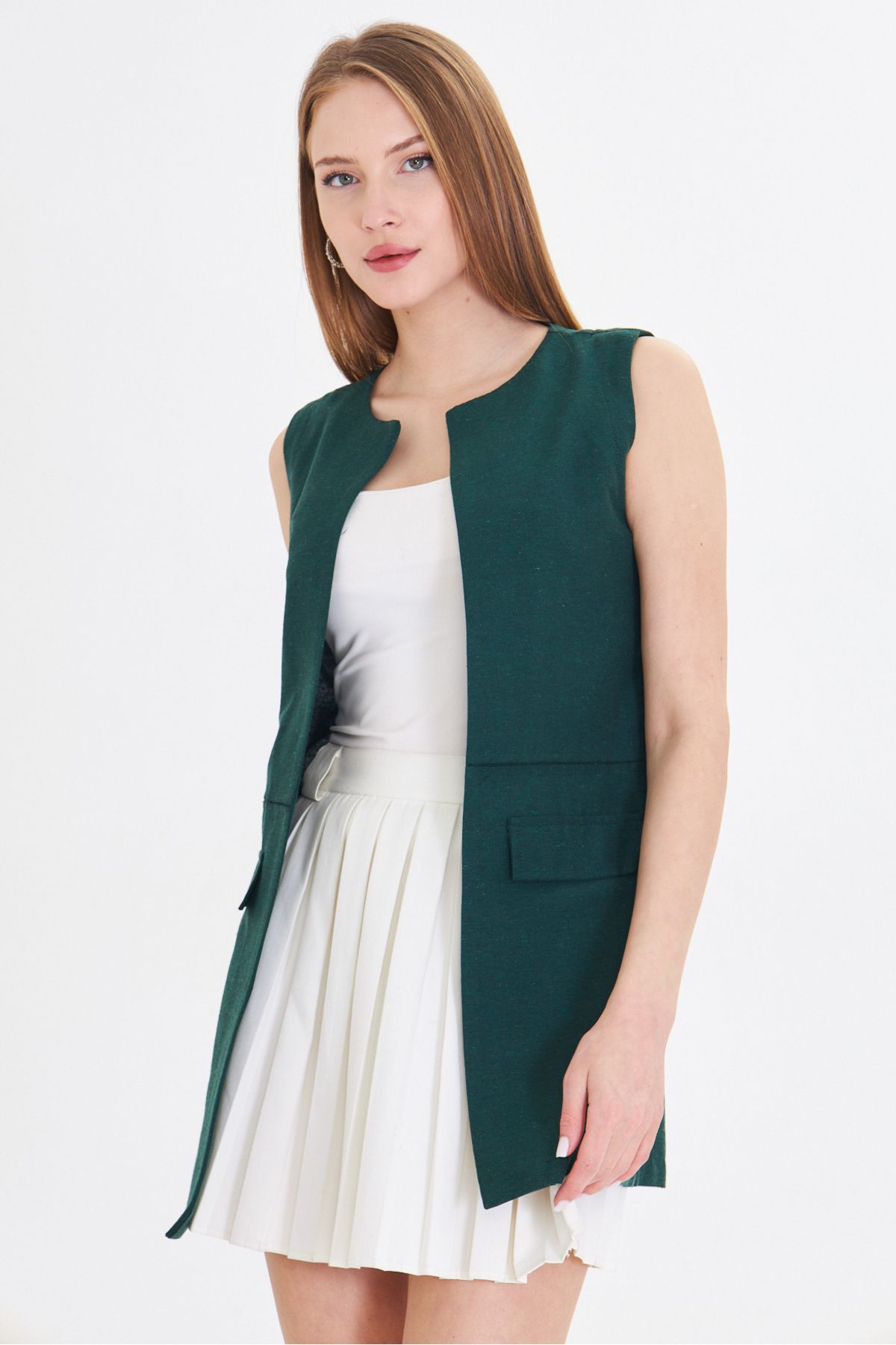 Female Emerald Zero Yaka Sewing Detailed Vest on the waist Arm-25y001019
