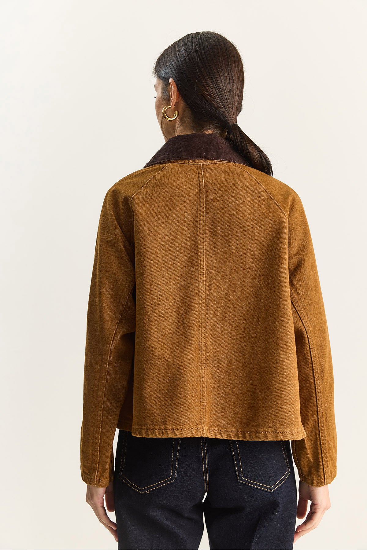 Women's Contrast Velvet Collar Detailed Large Pocket Gabardine Oversize Denim Jacket 6051 60283862