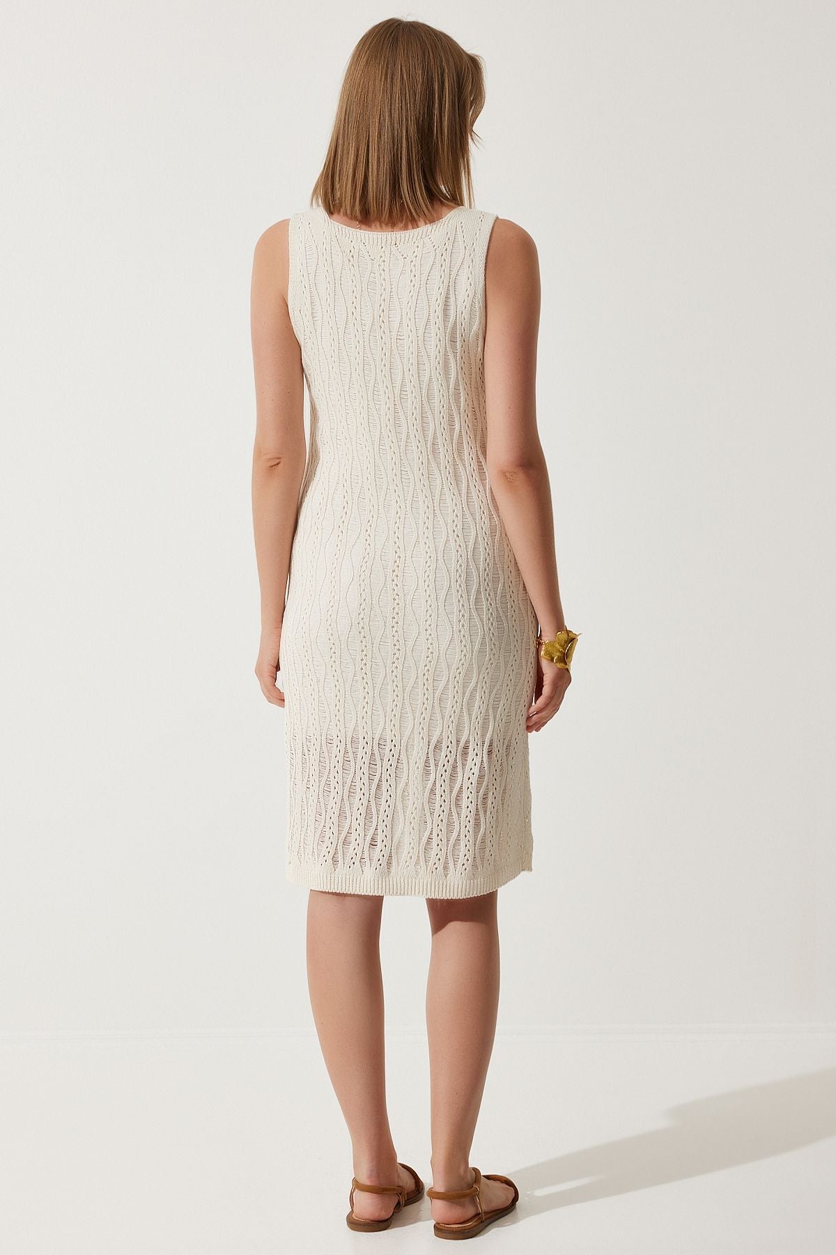 Women's cream V -neck summer knitwear dress CI00109