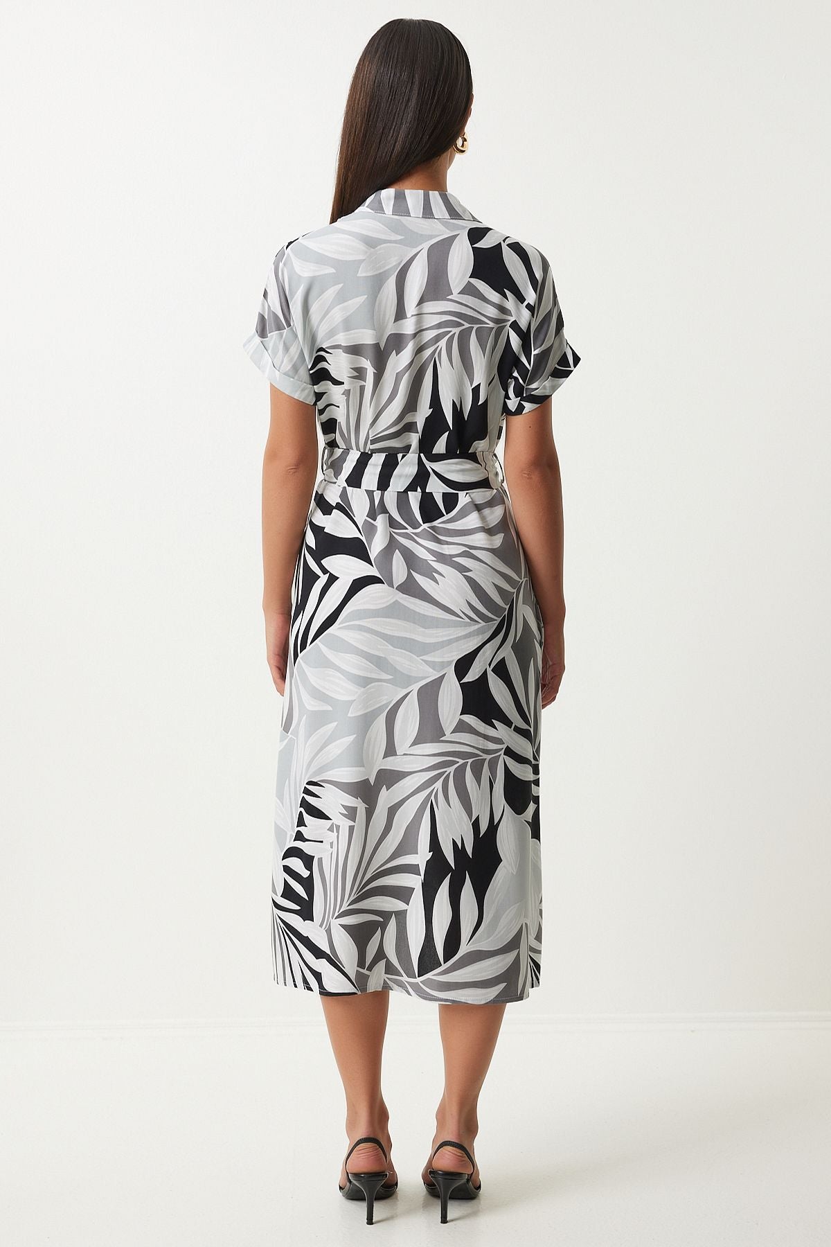 Female Gray Black Patterned Born Viscose Shirt Dress DD01331