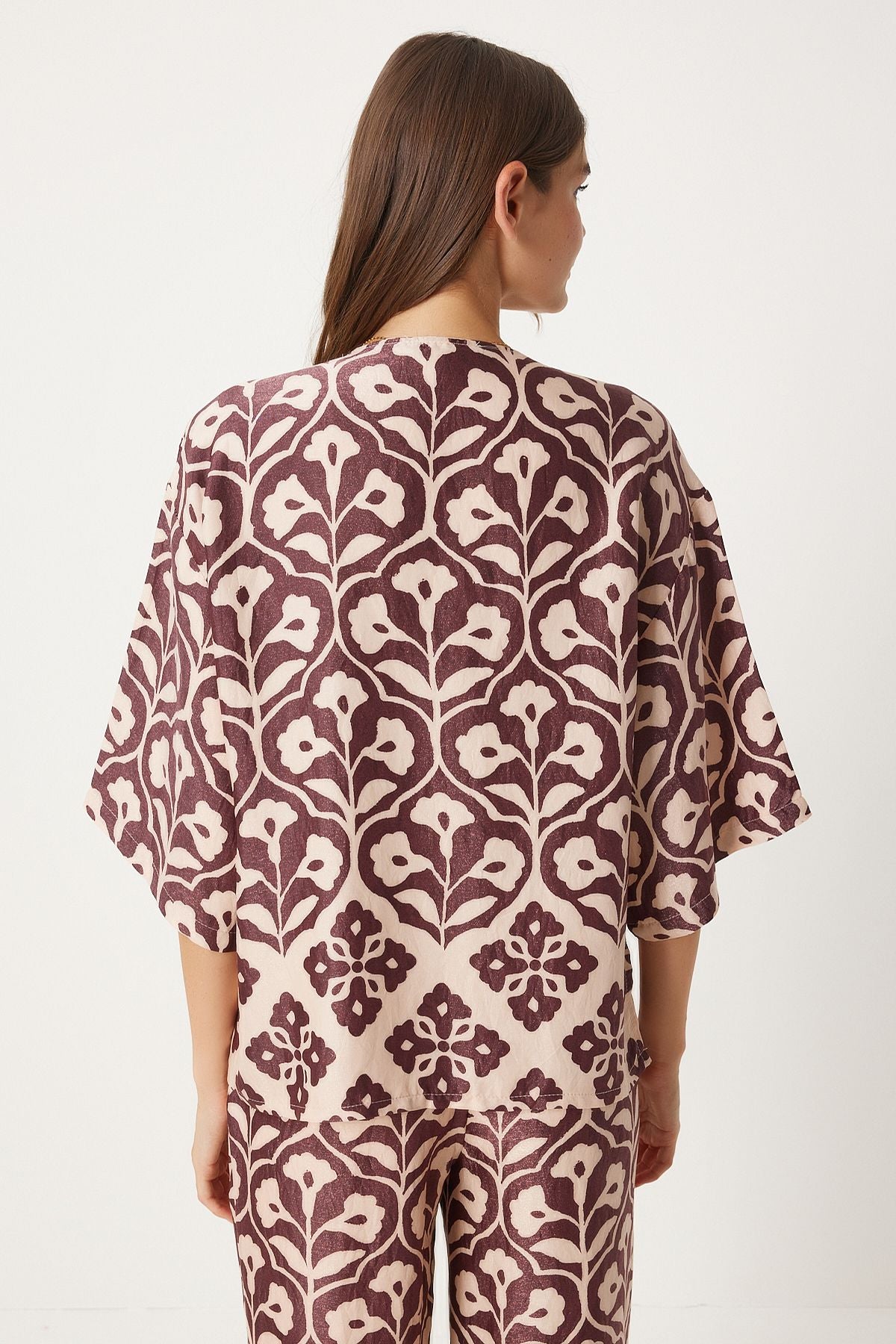 Female Pins Cream Patterned Viscose Blouse Palazzo Set FN03278