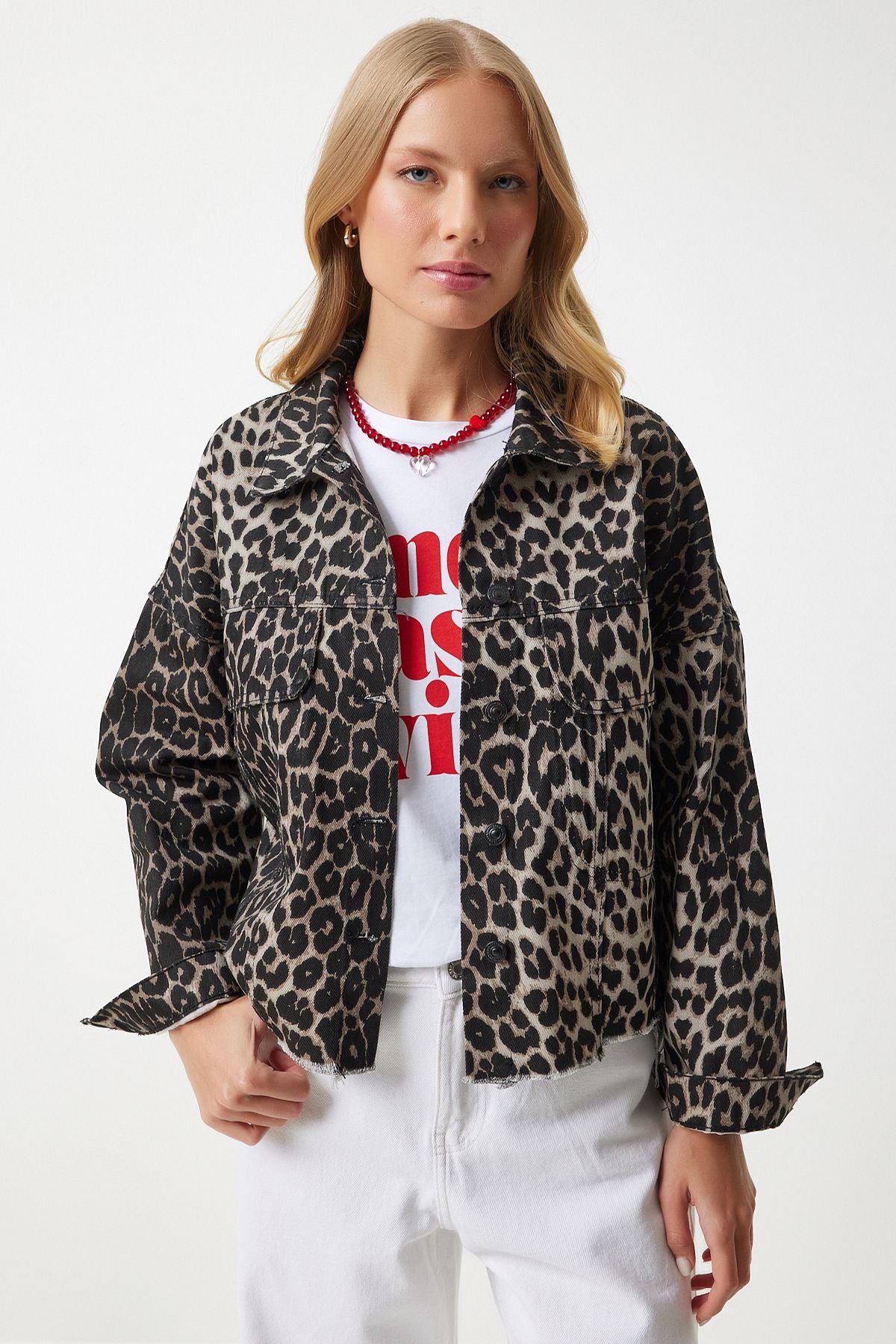 Woman Dark Beige Black Leopard Patterned Denim Jacket VC00007