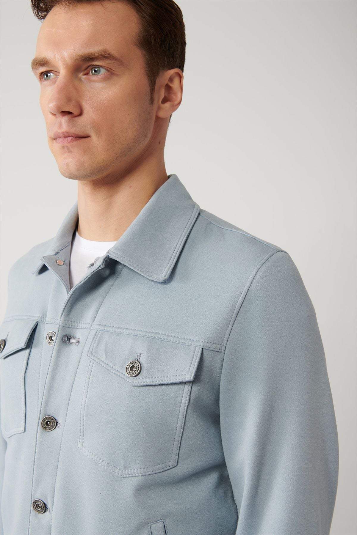 Men's blue classic collar suede -looking pocket jacket A41y6011