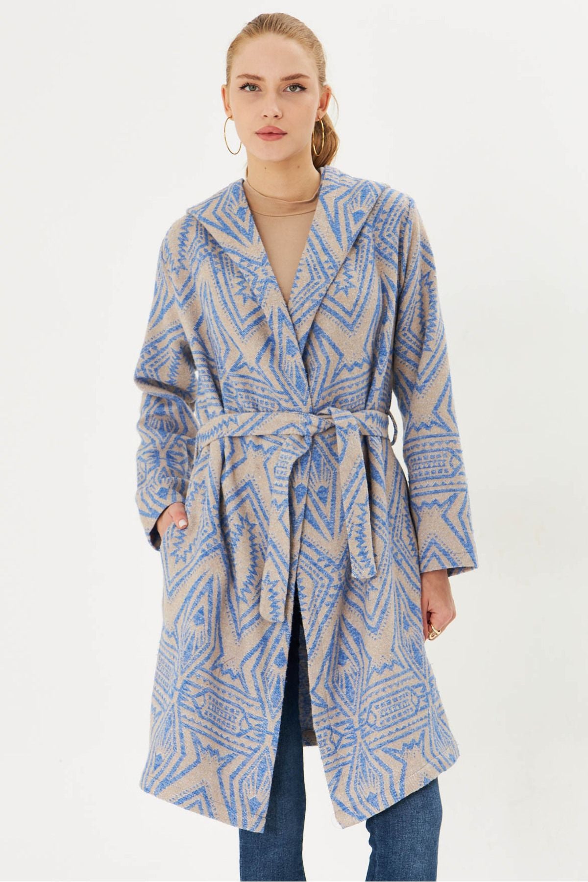 Woman Blue Hooded Waist Tie Mobile Detailed Coat Arm-25k001054