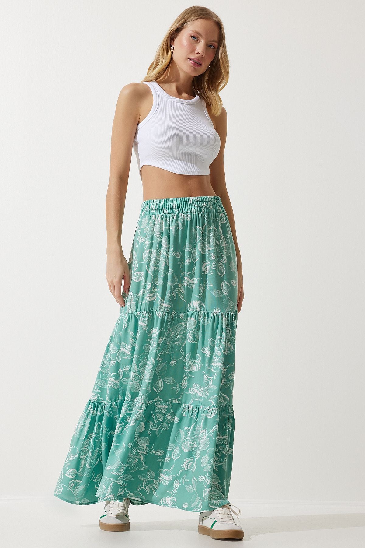 Female Water Green Flower Patterned Volan Viscose Skirt DD01310