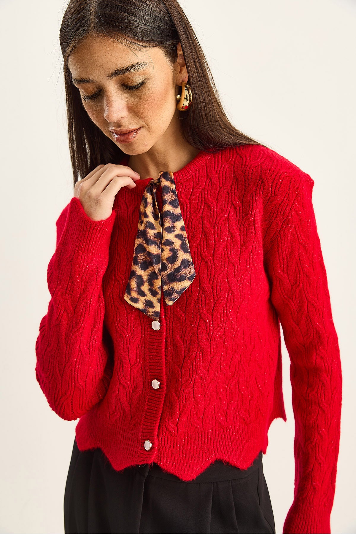 Women's Braided Scarf Detailed Buttoned Cardigan TH241026 60251873