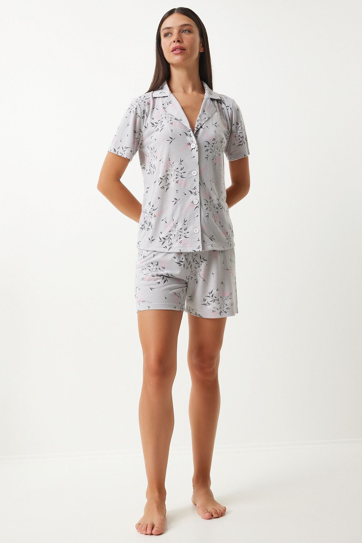 Female Gray Patterned Viscose Shirt Shirt Pajama Set EC00044