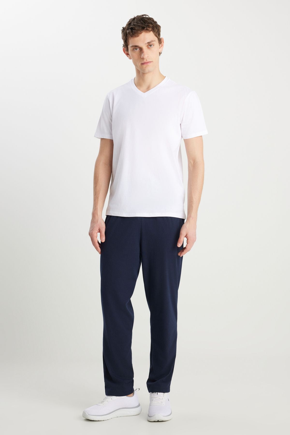 Men's navy blue-white cotton comfortable V-neck waist rubber pocket pajama set