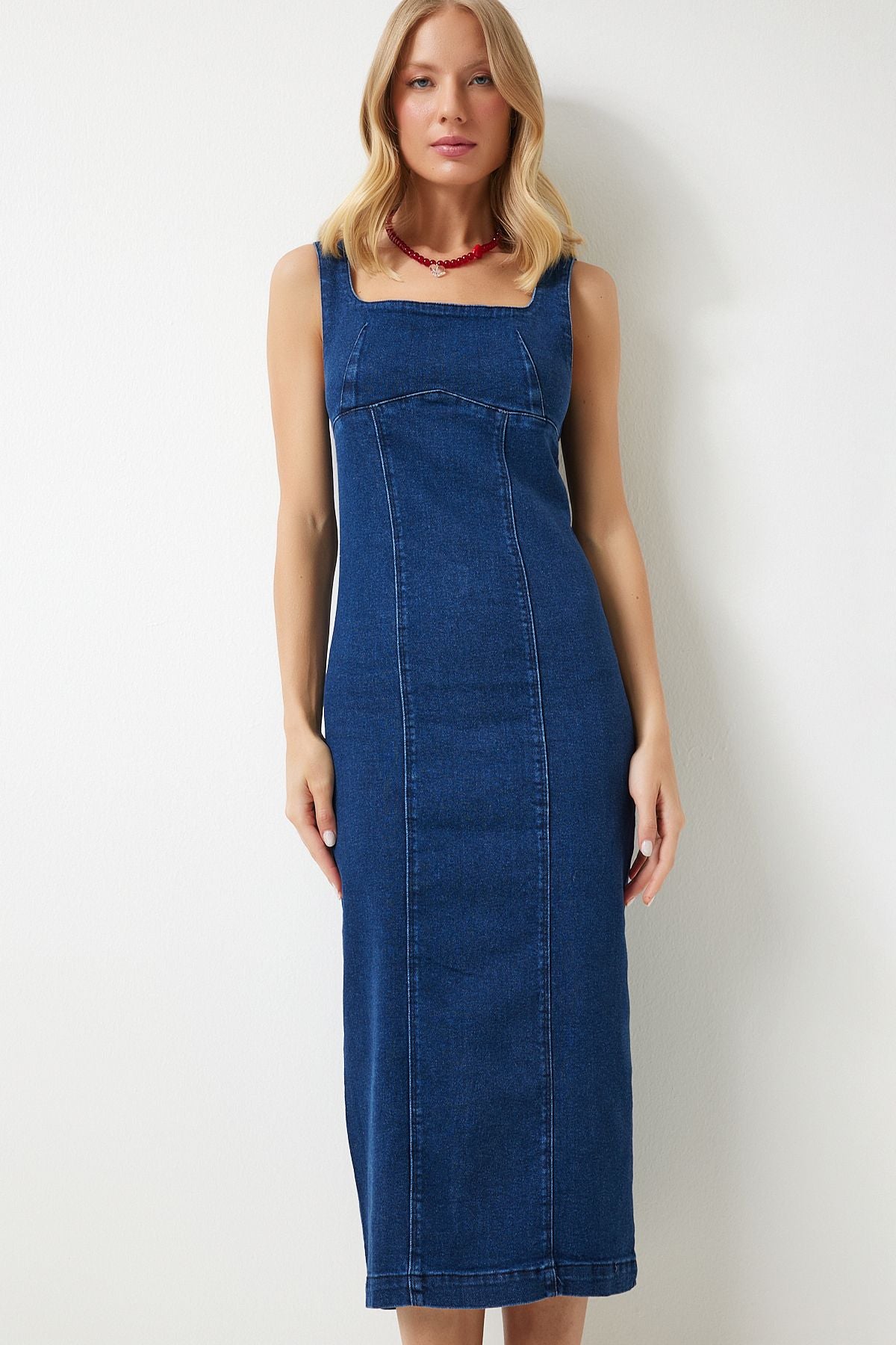 Woman Midi Denim Dress with Blue Zippered Hanger Ok00061