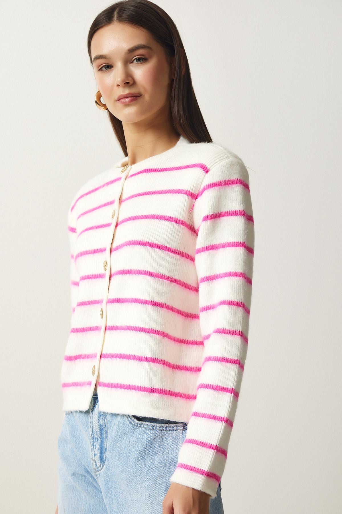 WOMEN'S BONE Pink Stylish button striped knitwear cardigan PF00051