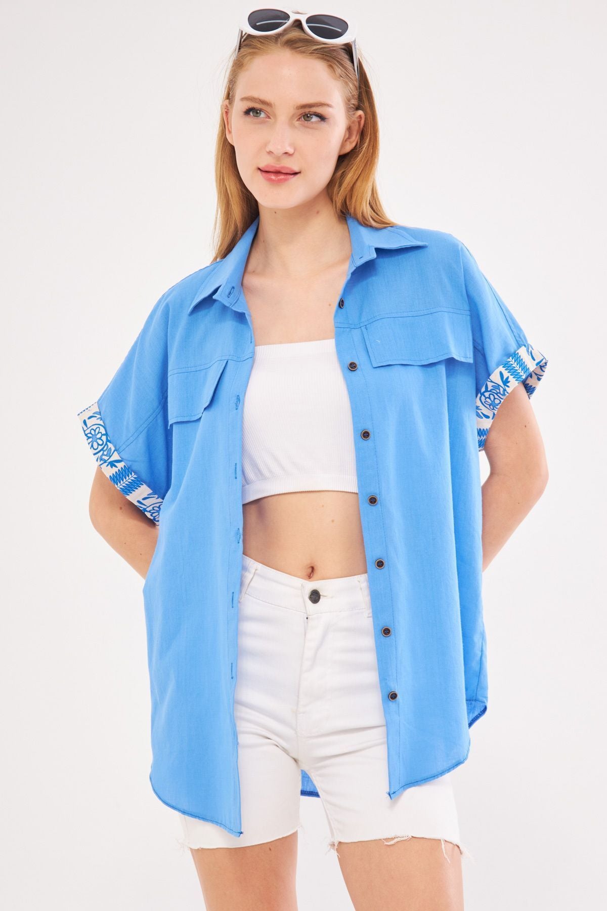 WOMEN BABY BLUE BLUE DUPLE ARM DETAILED SHIRT ARM-24Y001075