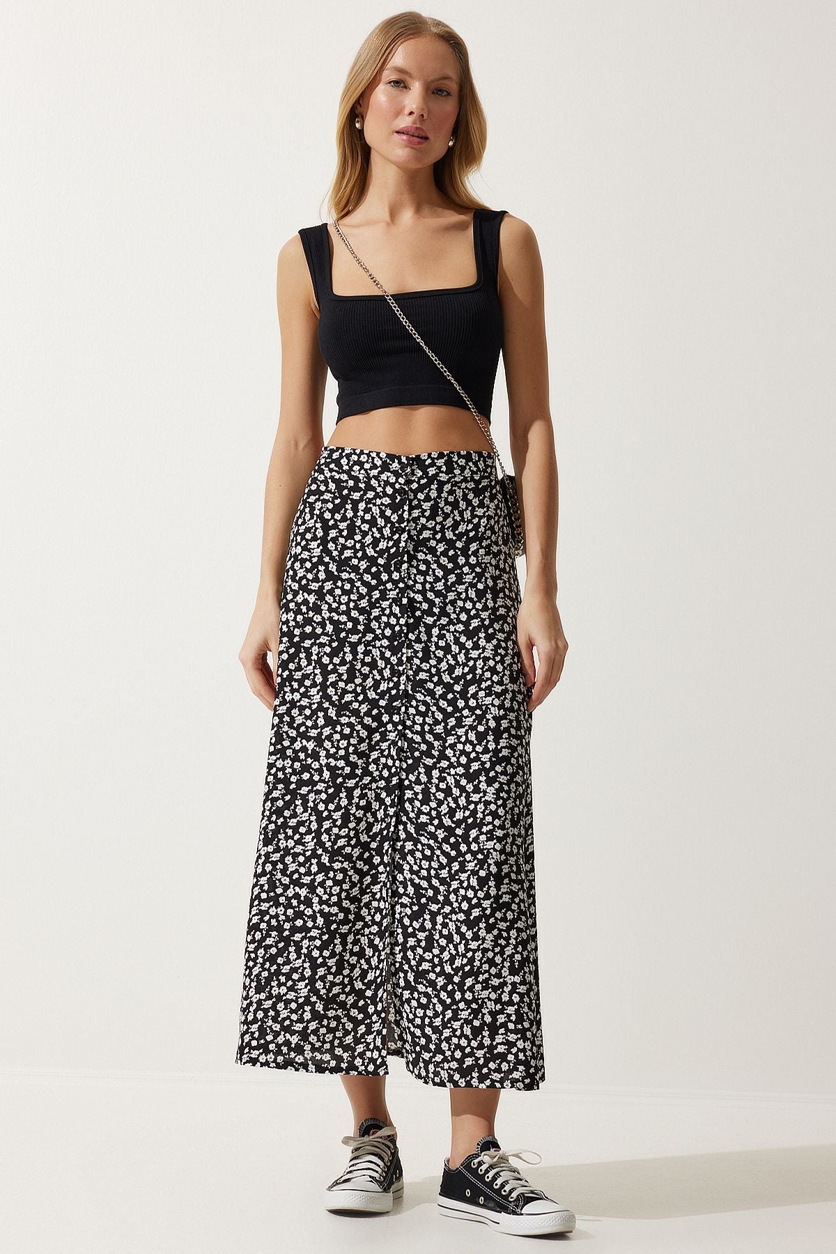 Female black patterned slit viscose skirt UB00246