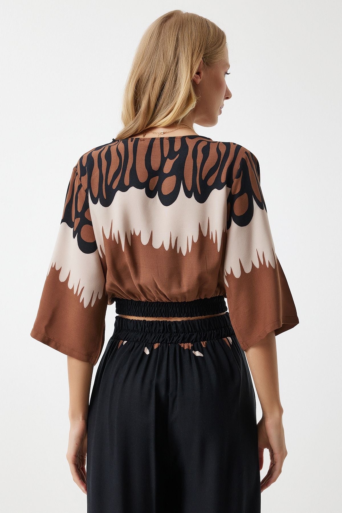 Female black brown patterned relaxed viscose set CR00438